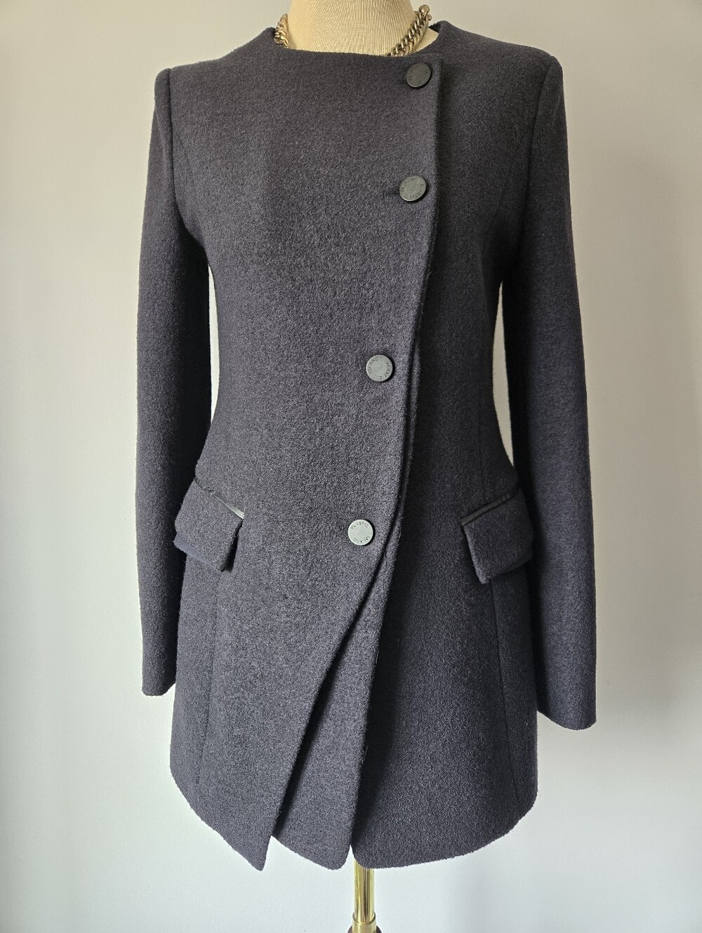 Plastic Island Asymmetric Button Wool Coat - Charcoal. Size M